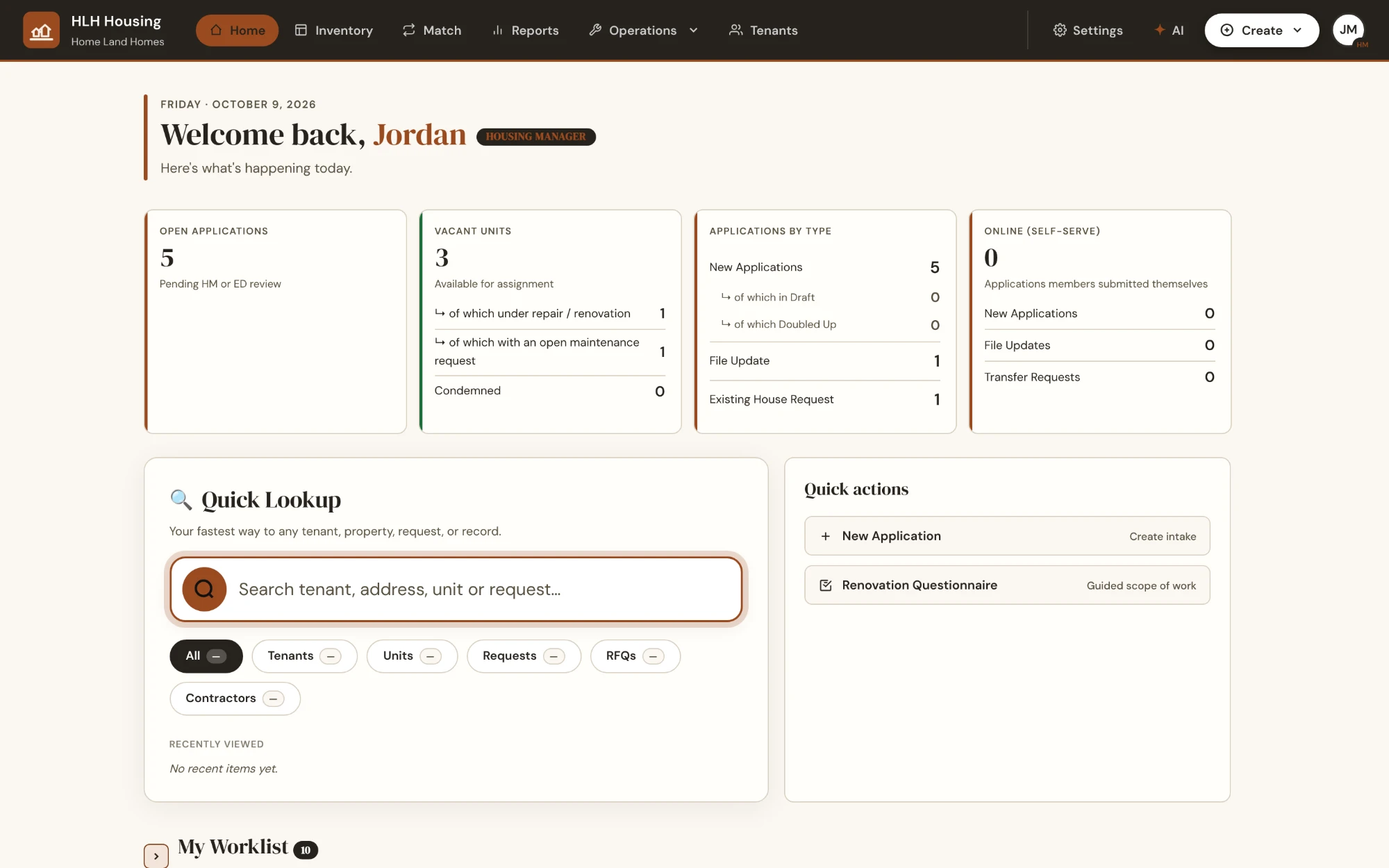 The staff home screen: counts of open applications awaiting review, vacant units (with how many are under renovation or have an open maintenance request), applications by type, and self-serve submissions, above a quick lookup that searches tenants, units, requests and contractors.