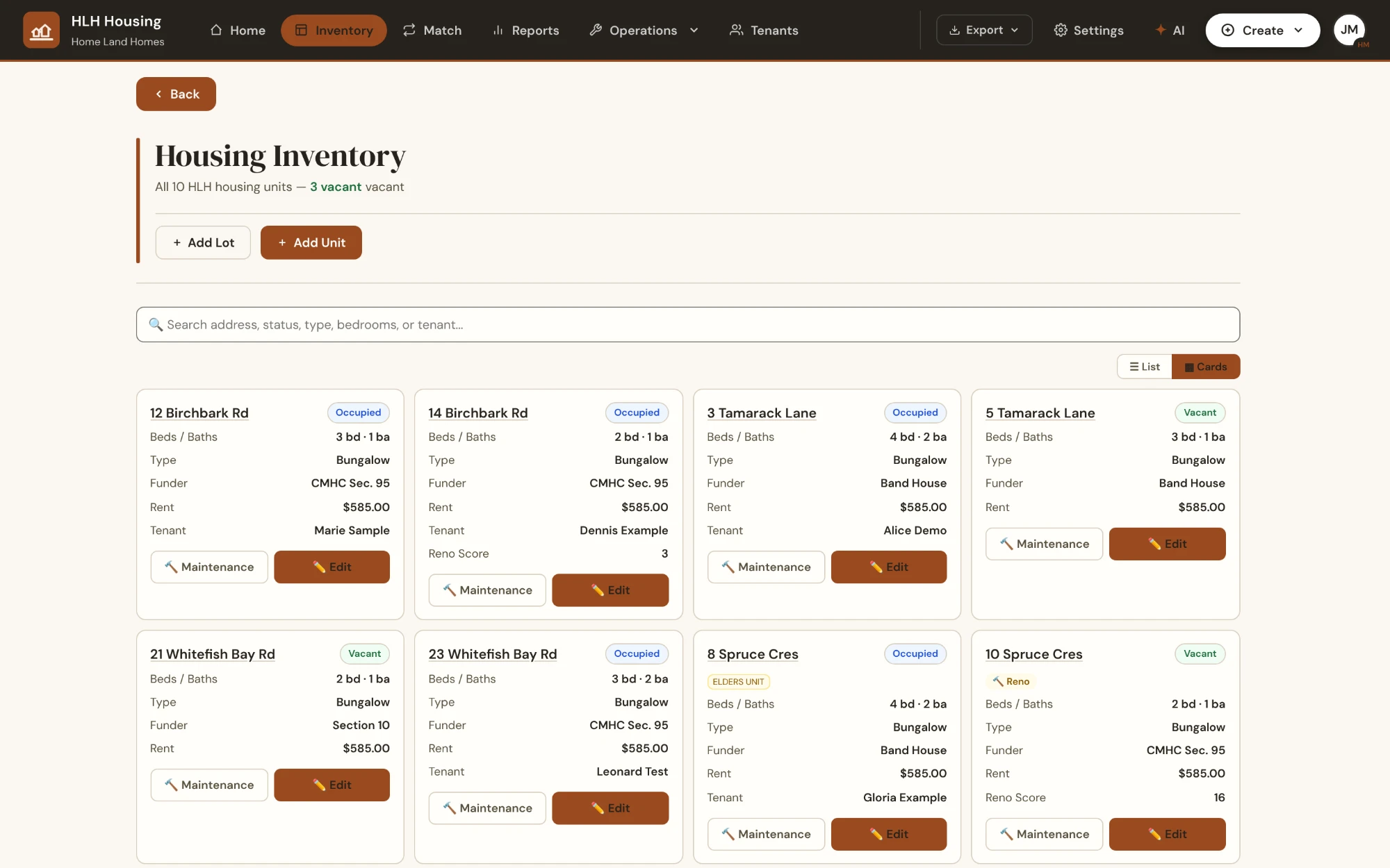 Housing Inventory screen: unit cards showing address, occupied or vacant status, bedrooms and bathrooms, type, funder such as CMHC Section 95, Section 10 or Band House, rent, tenant, an Elders unit tag and renovation scores, with Maintenance and Edit buttons.
