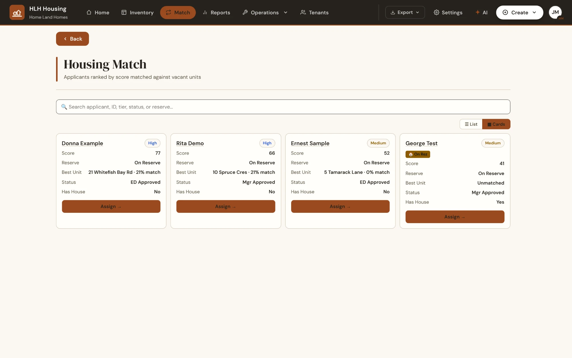 Housing Match screen: approved applicants shown as cards in score order, each with priority tier, score, on-reserve status, best-matching vacant unit and match percentage, approval status, and an Assign button.